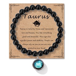 Телец Браслеты из круглых бусин с натуральным черным обсидианом, камень рождения, браслеты с подвесками в виде созвездия из сплава и смолы для мужчин и женщин, без поздравительной открытки, Телец