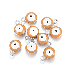 Orange 304 Stainless Steel Enamel Charms, Flat Round with Evil Eye, Stainless Steel Color, Orange, 8.5x6x4mm, Hole: 1mm