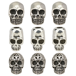 Античное Серебро 9 шт. 3 стили 304 европейские бусины из нержавеющей стали, бусины с большим отверстием, череп, античное серебро, 13~16x10~12x11~13 мм, отверстие : 4~5.8 мм, 3 шт / стиль