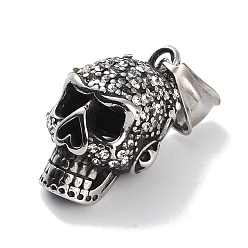 Crystal 316 Surgical Stainless Steel Pendants, with Rhinestone, Skull Charm, Antique Silver, Crystal, 27x15x16mm, Hole: 8.5x3.5mm