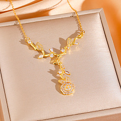 Золотой Подвеска в виде цветка ветки, инкрустированная прозрачными кубическими циркониями из латуни 304 Цепочка из нержавеющей стали для женщин, золотые, 17.72 дюйм (45 см)