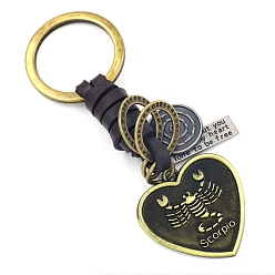 Scorpio Heart with Constellations Antique Bronze Alloy Keychains, with Leather Cords, Scorpio, 10cm