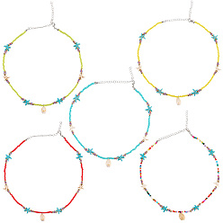 (52) Непрозрачная лаванда 5 шт. 5 летние ожерелья с подвесками из натуральных ракушек каури, Колье Satrfish из синтетической бирюзы и стеклянных бусин, разноцветные, 17.72 дюйм (45 см), 1 шт / цвет