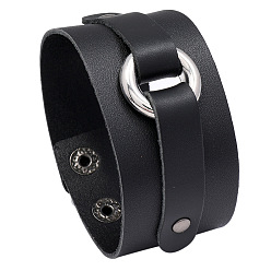 Черный Браслеты из коровьей кожи, сплава и железного шнура, браслеты-защелки для мужчин, платина, кольцо, чёрные, 9.06 дюйм (23 см)