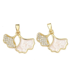 Белый Латунные микро проложить кубического циркония подвески, с эмалью, гингко лист, белые, 15.5x14.5x3 мм, отверстие : 2.5x4.5 мм