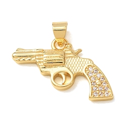 Golden Brass Micro Pave Clear Cubic Zirconia Pendants, Handgun Charms, Golden, 17x23x3mm, Hole: 3.5x4mm