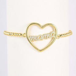 Золотой Браслет из латуни с микропаве и прозрачными кубическими циркониями ко Дню матери., круглые браслеты из бисера для женщин, сердце с мамой, золотые, 9.84 дюйм (25 см)