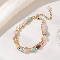 Смешанные камни Многорядные браслеты из натуральных смешанных драгоценных камней и латуни в виде цепочек Роло для женщин, самородки, 7.68 дюйм (19.5 см)
