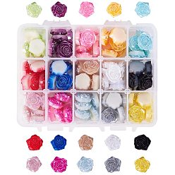 Mixed Color 15colors ABS Plastic Imitation Pearl Cabochons, Flower, Mixed Color, 17x17.5x6.5mm, about 7pcs/color, 105pcs/box