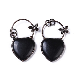 Obsidian Natural Obsidian Heart Big Pendants, Red Copper Plated Brass Ring & Butterfly Charms, 56.5x35x7.5mm, Hole: 6mm