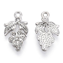 Platinum Alloy Pendants, with Crystal Rhinestone, Cadmium Free & Lead Free, Grape Charms, Platinum, 21x12x3mm, Hole: 1.6mm