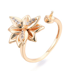 Настоящее золото 18K Оправы для колец-манжет из цветочной латуни с микропаве из прозрачного кубического циркония, за половину пробурено бисера, без кадмия, без никеля и без свинца, реальный 18 k позолоченный, штифты : 1 мм, 16 мм, внутренний диаметр: 17~19 мм