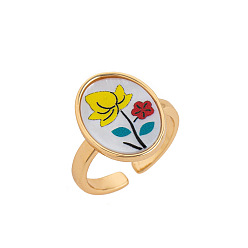 Flower Brass & Shell Cuff Open Rings, Golden, Oval, Flower, 18mm
