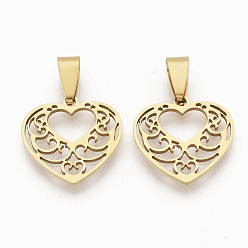 Golden 201 Stainless Steel Pendants, Filigree Pendants, with Random Size Snap on Bails, Heart, Golden, 19x20x1.5mm, Hole: 8~10x3~5mmmm