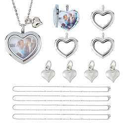 Нержавеющая Сталь Цвет Комплекты ожерелья diy, в том числе 304 ожерелье из нержавеющей стали, подвеска-медальон из сплава магнитного стекла с фотографией живой памяти и латунные подвески в форме сердца, цвет нержавеющей стали, 17.72 дюйм (450 мм), 4 шт