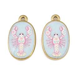 Camarón Colgantes de acero inoxidable esmaltados impresos 304, encantos ovales, revestimiento de iones (ip), real 18 k chapado en oro, Amuletos de camarones, 23x13.5x3.5 mm, agujero: 1.6 mm