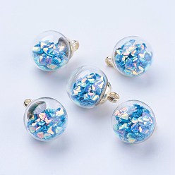 Himmelblau Glaskugel-Anhänger, mit ccb-kunststoff, Runde, golden, Himmelblau, 21x16 mm, Bohrung: 2 mm