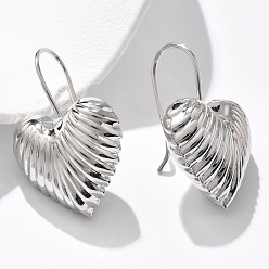 Платина Текстурированные латунные серьги-подвески в форме сердца, без кадмия и без свинца, стойки покрытие, платина, 37x25 мм