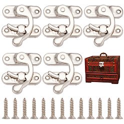 Platinum 6Pcs Iron Latch Hook Hasp Horn Lock with 24Pcs Screws, Jewelry Box Accessories, Platinum, 42x37x8mm
