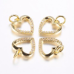 Настоящее золото 18K Долговечные латунные микропрофили кубические циркониевые прелести, полые сердца, реальный 18 k позолоченный, 11.5x11x2 мм, отверстие : 3 мм