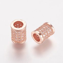 Розовое Золото Латунные микро проложить кубического циркония бусы, колонка, розовое золото , 8.5x6.5 мм, отверстие : 3.5 мм