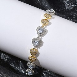 Real Gold Plated & Real Platinum Plated Браслеты-цепочки с микропаве в форме сердца и прозрачными кубическими циркониями для женщин, долговечный, стойки покрытие, без кадмия и без свинца, настоящее золото и платина, 7.09 дюйм (18 см), ссылка: 10x14x4 mm