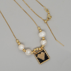 Черный Летние стеклянные бусины квадратные с подвеской в виде сердца, ожерелья из натурального жемчуга и латунных бусин для женщин, золотые, чёрные, 23.62 дюйм (60 см)