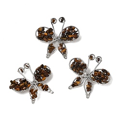 Тигровый глаз Брошь-бабочка из натурального тигрового глаза, латунные и железные булавки для одежды, платина, 45~47x48~50 мм