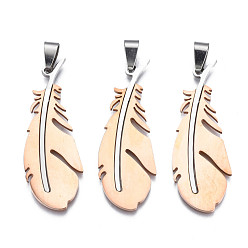 Rose Gold Ion Plating(IP) 201 Stainless Steel Pendants, Laser Cut, Feather, Rose Gold, 49x17.5x1mm, Hole: 4x7.5mm