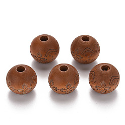 Peru Painted Natural Wood Beads, Laser Engraved Pattern, Round with Flower Pattern, Peru, 16x15mm, Hole: 4mm