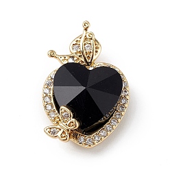 Black Real 18K Gold Plated Rack Plating Brass Micro Pave Clear Cubic Zirconia Pendants, with Glass, Long-Lasting Plated, Cadmium Free & Lead Free, Heart & Butterfly Charm, Black, 23x15x9mm, Hole: 5x2.5mm