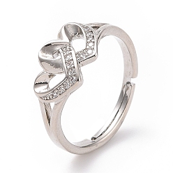 Платина Регулируемое кольцо с двойным сердечком из прозрачного кубического циркония, стеллаж для латунных украшений для женщин, без кадмия и без свинца, платина, размер США 6 1/2 (16.9 мм)
