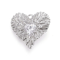 Platinum Brass Pendant, with Cubic Zirconia, Heart, Clear, Platinum, 19x20.5x4.5mm, Hole: 1.5mm
