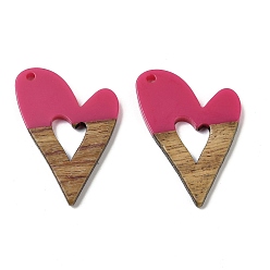 Камелия Подвески из смолы и ореха, сердце, камелия, 37x25.5x3 мм, отверстие : 1.8 мм