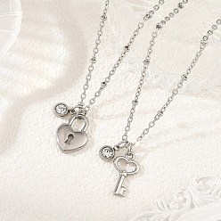 Stainless Steel Color 2Pcs 2 Styles 304 Stainless Steel Pendant Satellite Chain Necklaces, Heart Key & Lock, Stainless Steel Color, 17.72 inch(45cm), 1pc/style