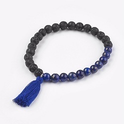 Lapis Lazuli Natural Lapis Lazuli Stretch Bracelets, with Lava Rock and Cotton Thread Tassel, 2-1/8 inch(5.5cm)