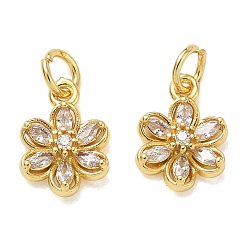 Golden Brass Micro Pave Clear Cubic Zirconia Charms, Flower Charms, Rack Plating, Long-Lasting Plated, Cadmium Free & Lead Free, Golden, 12.5x9x3.5mm, Hole: 3mm