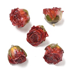 Red Brass Epoxy Resin Pendants, Inner Dried Flower Pendants, Rose Flower Charm, with Golden Loop, Red, 19~27x21~27x19~28.5mm, Hole: 1.6mm