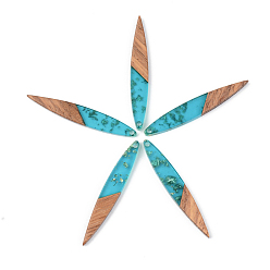 Темно-бирюзовый Подвески из прозрачной смолы и ореха, золотой фольгой, лист, темные бирюзовый, 43x7x3 мм, отверстие : 1.6 мм