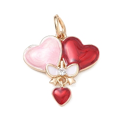 Colorful Brass with Enamel Pendants, with Crystal Rhinestone, Heart with Bowknot Charms, Golden, Colorful, 19x18.5x3.5mm, Hole: 4mm