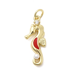 Красный Латунные микро проложить кубического циркония подвески, прелести морских коньков, с соединительным кольцом, эмалью и искусственным жемчугом из АБС, без кадмия и без свинца, стойки покрытие, долговечный, реальный 18 k позолоченный, красные, 23x9.5x4 мм, отверстие : 3.4 мм
