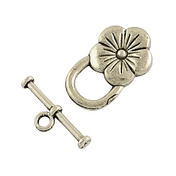Argent Antique De style tibétain fermoirs fleurs à bascule, sans cadmium et sans nickel et sans plomb, argent antique, fleur: 22x14x6 mm, trou: 2 mm, bar: 20x7x3 mm, trou: 2 mm, sur 340 définit / 1000 g