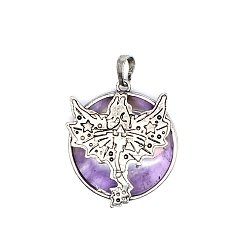 Аметист Натуральный аметист плоский круглый с подвесками в виде дракона, металлические подвески птерозавры, античное серебро, 38x32 мм