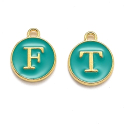 Green Initial Letter A~Z Alphabet Enamel Charms, Flat Round Disc Double Sided Charms, Golden Plated Enamelled Sequins Alloy Charms, Green, 14x12x2mm, Hole: 1.5mm, 26pcs/set