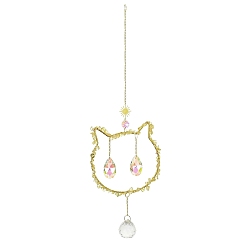 Cat Shape Металлические подвесные ловцы солнца, Натуральная цитриновая крошка и стеклянная кисточка для украшения оконного сада, форма кошки, 405 мм