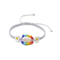 Светло-серый Браслеты из плетеных бусин из ракушек каури и стеклянных семян, регулируемый нейлоновый браслет, светло-серый, внутренний диаметр: 2-1/8~3-1/8 дюйм (5.5~8 см)