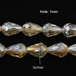 Light Khaki Electroplate Glass Beads Strands, AB Color Plated, Faceted Teardrop, Light Khaki, 7x5mm, about 65~67pcs/strand, 18~18.5 inch(45.5~46.9cm)