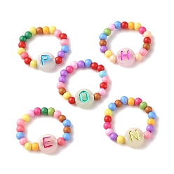 Mixed Patterns Colorful Flat Round with Letter Acrylic Finger Ring with Round Beads for Women, Mixed Patterns, US Size 10 1/4(19.9mm)
