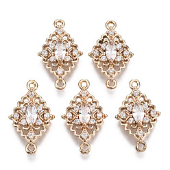 Clear Brass Micro Pave Cubic Zirconia Links Connectors, Long-Lasting Plated, Rhombus, Light Gold, Clear, 20x12x4mm, Hole: 1.2mm