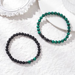 Смешанные камни 2 Браслеты из натуральных окрашенных и подвергнутых термической обработке бусин черного агата, малахита и синтетического гематита, эластичные, для женщин и мужчин., круглые, бусины : 6 мм и 7 мм, внутренний диаметр: 2.20 дюйм (5.6 см)